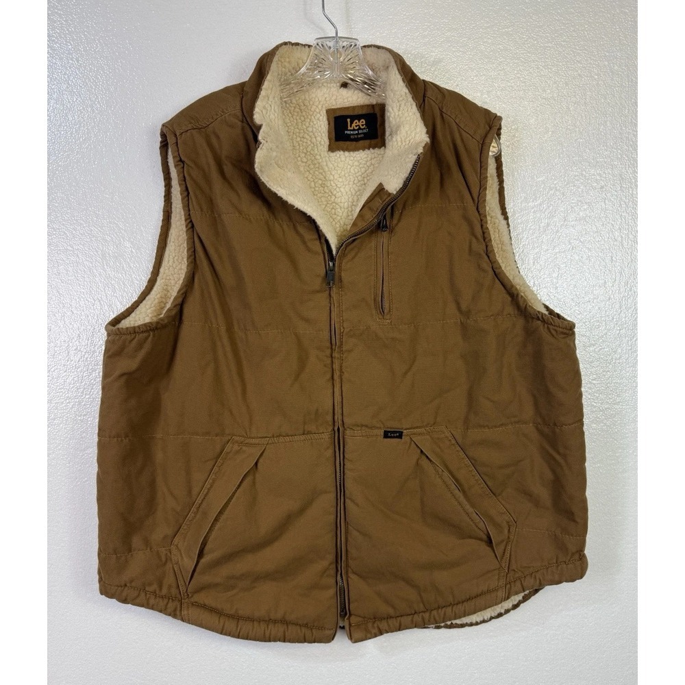 Lee Workwear Canvas Sherpa Lined Insulated Vest Brown‎ Full-Zip Mens XL Y2K